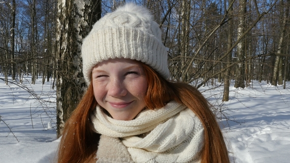 Face of Beautiful Smiling Kid, Teenage Girl Red-Haired, Child Walking at Winter Sunny Day