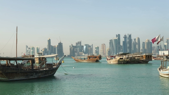 A Panoramic View of the Old Harbour in Doha, Qatar, with the West Bay Skyline in the Background