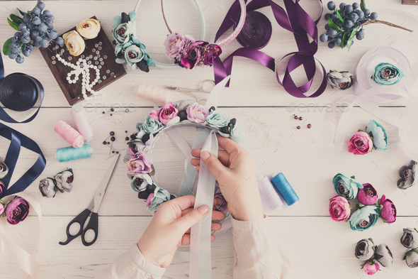 Master making handmade jewelry, top view - Stock Photo - Images