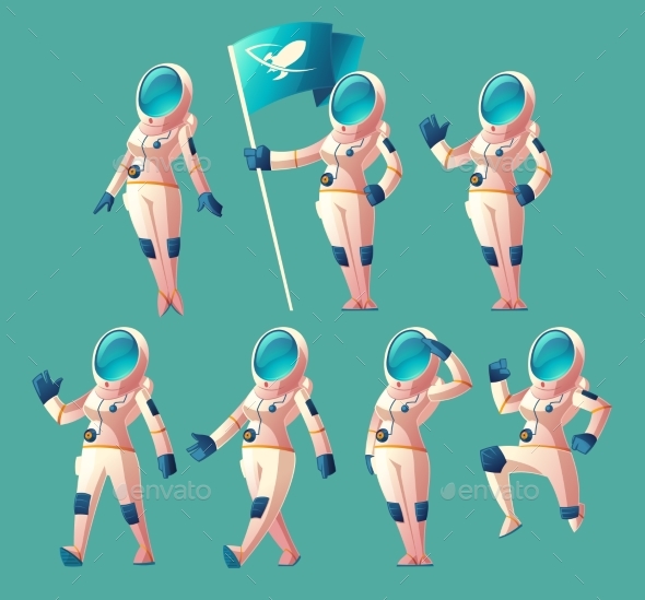 Vector Set of Astronaut Girls in Different Poses - People Characters