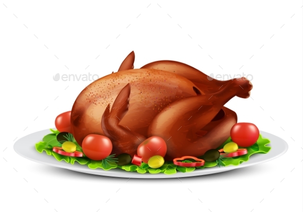 Vector Roasted Turkey or Chicken with Vegetables - Food Objects