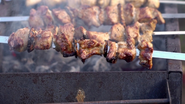 Grilling Pork Kebab on Skewers at Bbq alt