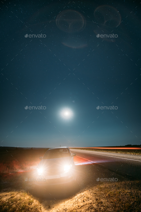 Night Starry Sky Above Country Asphalt Road In Countryside. Seda - Stock Photo - Images