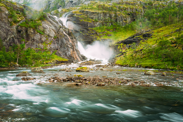 Beautiful Waterfall In Valley Of Waterfalls In Norway. - Stock Photo - Images