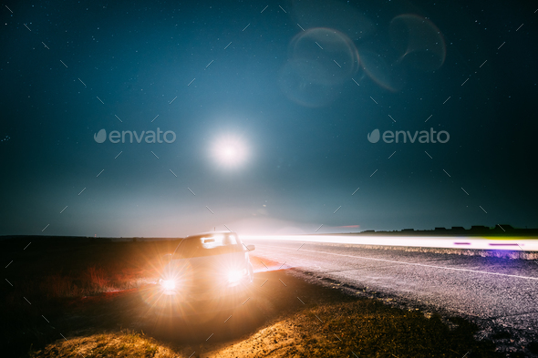Night Starry Sky Above Country Asphalt Road In Countryside. Seda - Stock Photo - Images