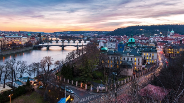 Aerial View of Bridges in Prague from Day To Night