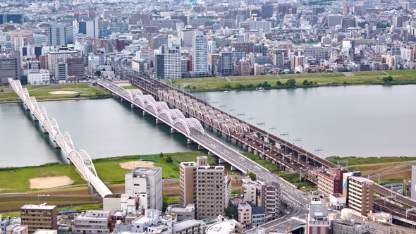 Aerial View from Umeda Sky Building on the Yodo River in Osaka, Japan