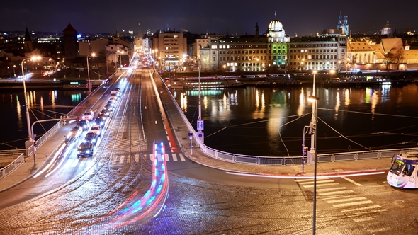 Night  of Traffic on Stefanic Bridge in Prague, Czech Republic