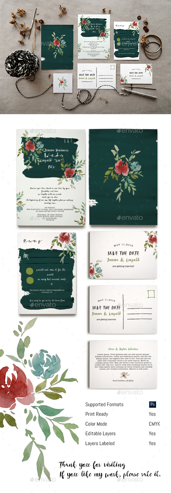 Watercolour Floral Wedding Invitation Set - Weddings Cards & Invites