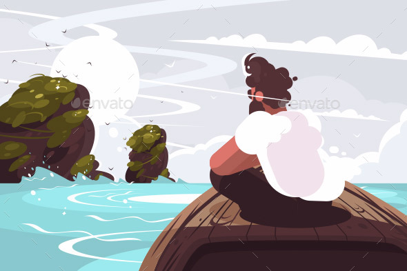 Guy Sitting on Wooden Boat in Sea - Miscellaneous Vectors