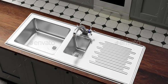 Kitchen cabinets with stainless steel sink and water tap, view from above. 3d illustration - Stock Photo - Images