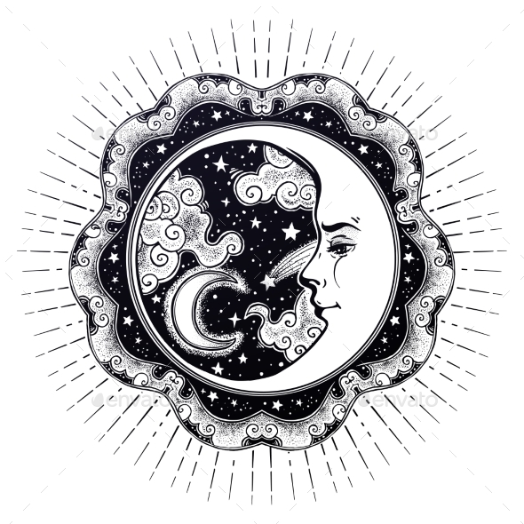Frame with Crescent Moon Face, Stars and Clouds - Nature Conceptual