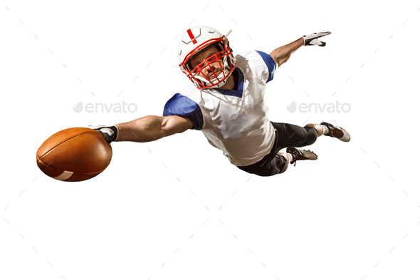 one american football player man studio isolated on white background - Stock Photo - Images