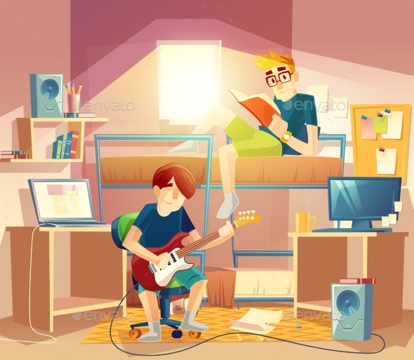 Vector Small Dormitory Room with Roommates - People Characters