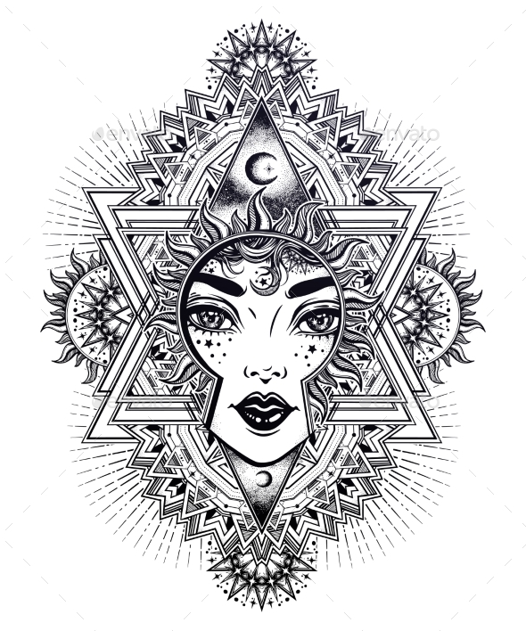 Divine Sun Goddess Girl with Ornate Halo - People Characters