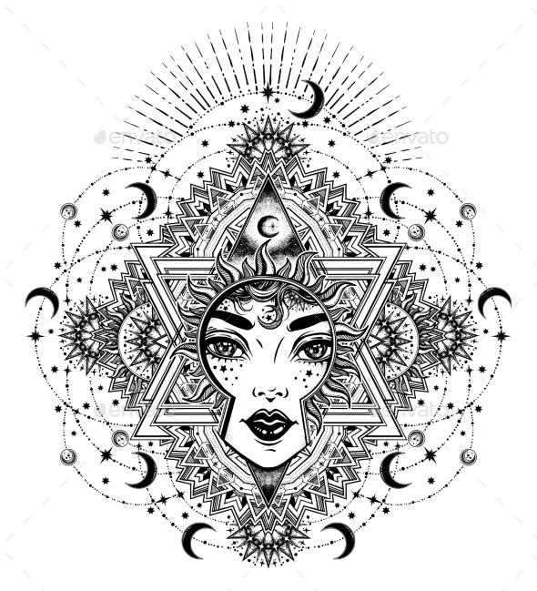 Divine Sun Goddess Girl with Ornate Halo - People Characters