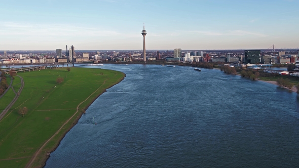 Aerial View of the Skyline of Duesseldorf While Flying Over the River Rhine - Germany - Europe alt