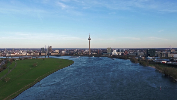 Aerial View of the Skyline of Duesseldorf While Flying Over the River Rhine - Germany - Europe alt