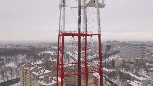 Aerial Shot of a Television Tower in a Winter Cloudy Day