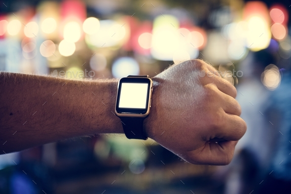 Arm with digital wrist watch at night time Stock Photo by Rawpixel