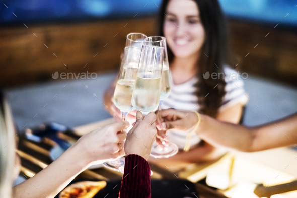 Girl friends toasting at dinner together at a rooftop bar Stock Photo by Rawpixel