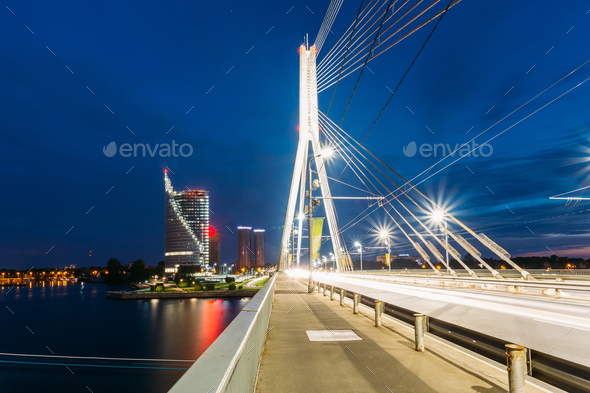 Riga Latvia. Close View Of Deserted Vansu Cable-Stayed Bridge In - Stock Photo - Images