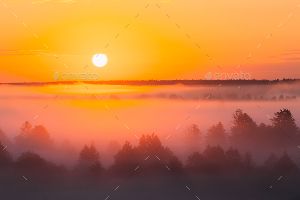 Amazing Sunrise Over Misty Landscape. Scenic View Of Foggy Morni - Stock Photo - Images