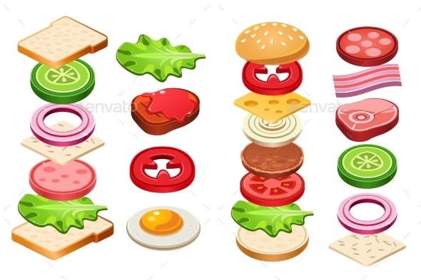 Burger and Sandwich Ingredients Set, Bun, Cheese - Food Objects