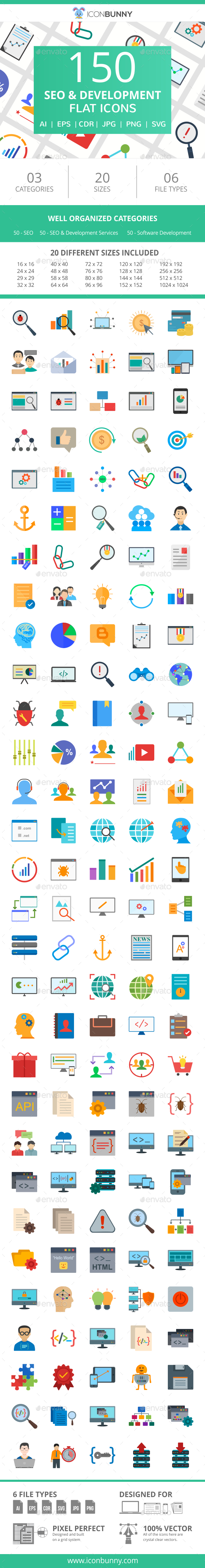 150 SEO & Development Flat Icons - Icons