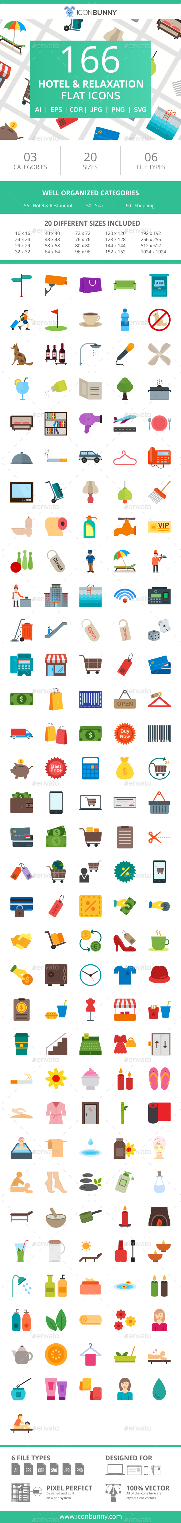 166 Hotel & Relaxation Flat Icons - Icons