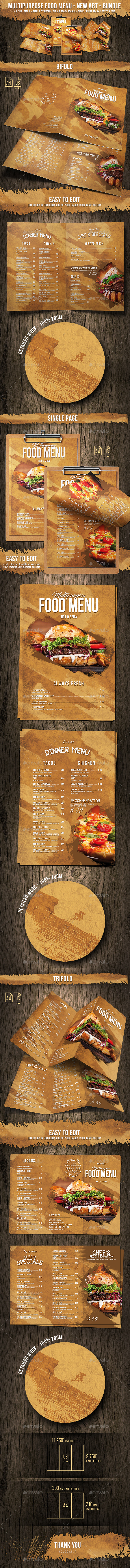 Multipurpose A4 & US Letter Menu Bundle - New Art - Food Menus Print Templates