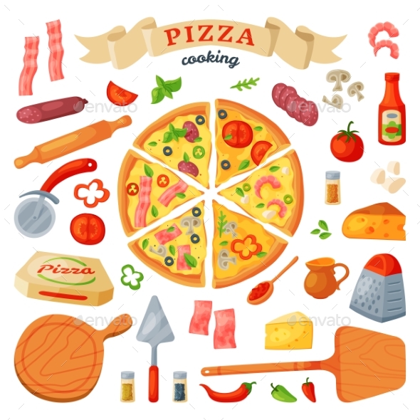 Pizza Vector Italian Food with Cheese and Tomato - Food Objects