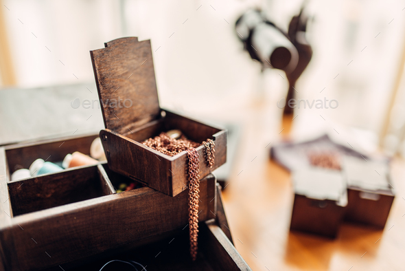 Needlework, rings in box, selective focuse, nobody - Stock Photo - Images
