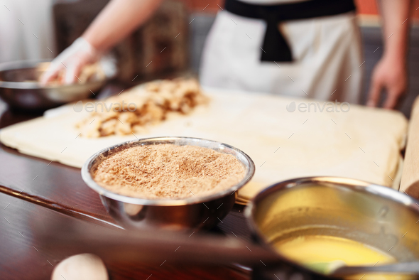 Chef cooking strudel, pastry ingredients - Stock Photo - Images