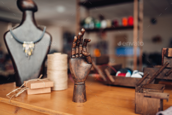 Needlework tools on table in workshop, bijouterie - Stock Photo - Images