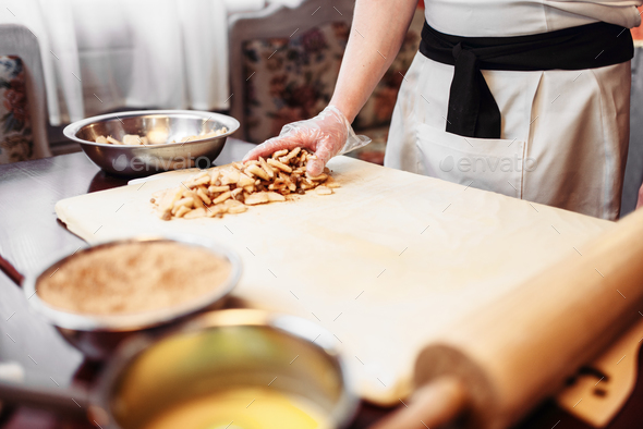 Chef cooking strudel, pastry ingredients - Stock Photo - Images
