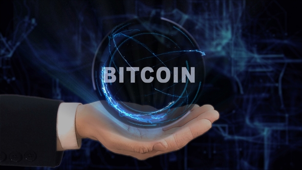 Painted Hand Shows Concept Hologram Bitcoin on His Hand