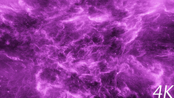 Flying Through Abstract Bright Purple Nebulae in Deep Space