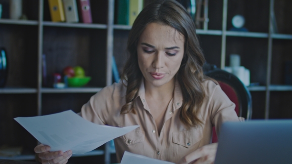 Hurry Woman Working with Business Report Business Woman Taking Notes. Deadline alt