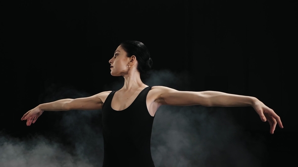 Young Beautiful Ballerina on Smoke Stage Dancing Modern Ballet with Hands. Woman in Black Costume alt