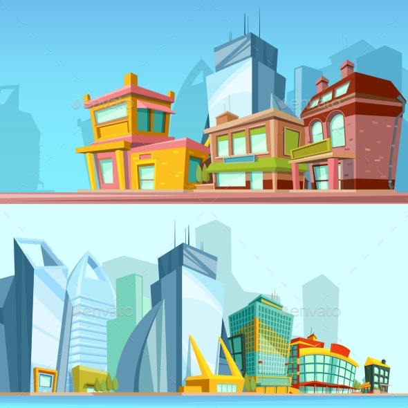 Horizontal Banners with Urban Streets and Modern - Objects Vectors