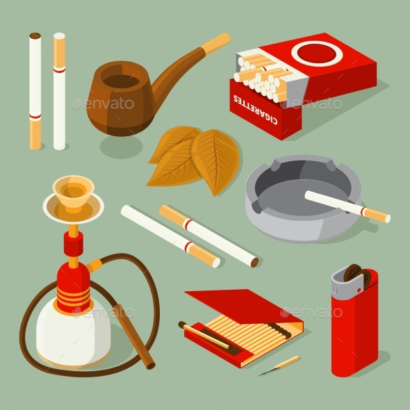 Isometric Pictures of Different Smoking Accessories - Man-made Objects Objects