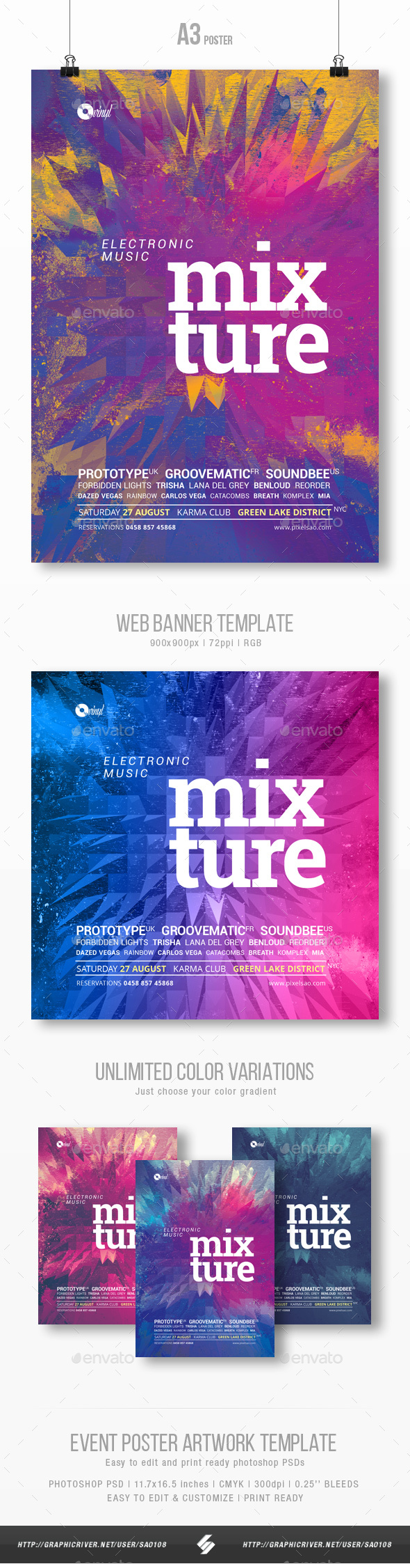 Mixture - Electronic Music Party Flyer / Poster Template A3 - Clubs & Parties Events