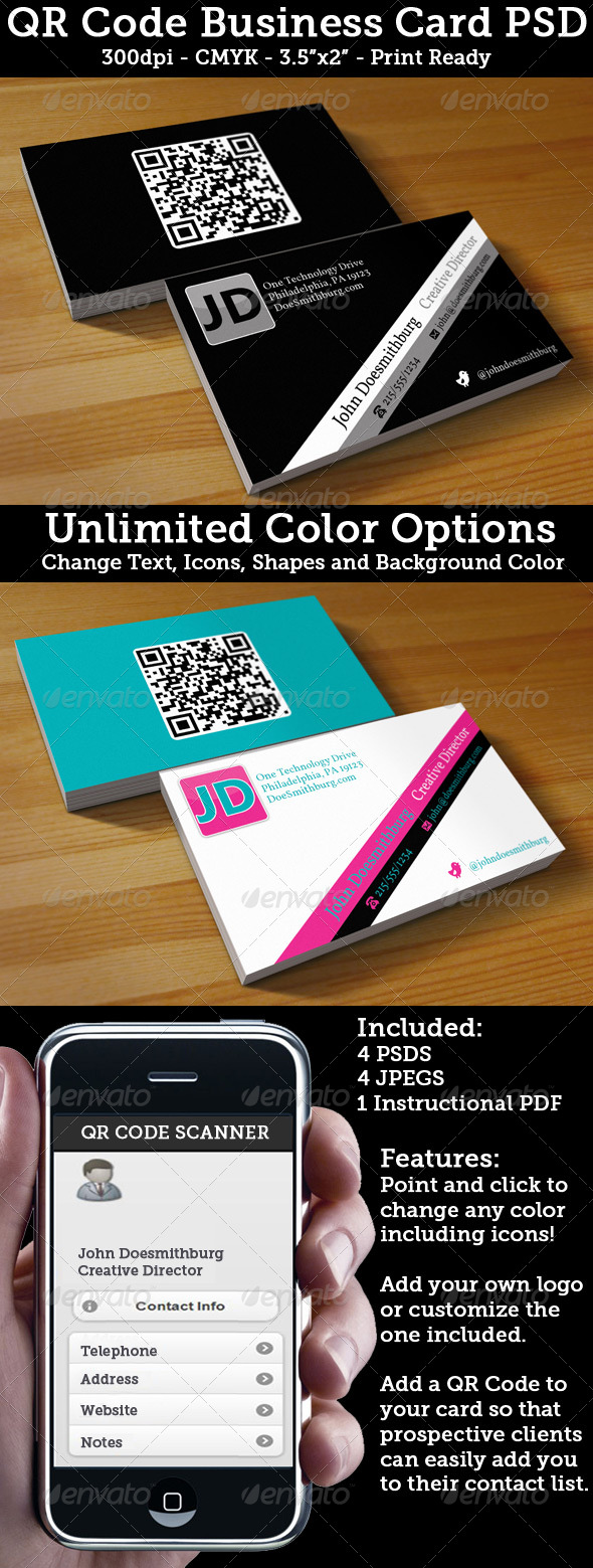 QR Code Business Card - Unlimited Colors, Print Templates