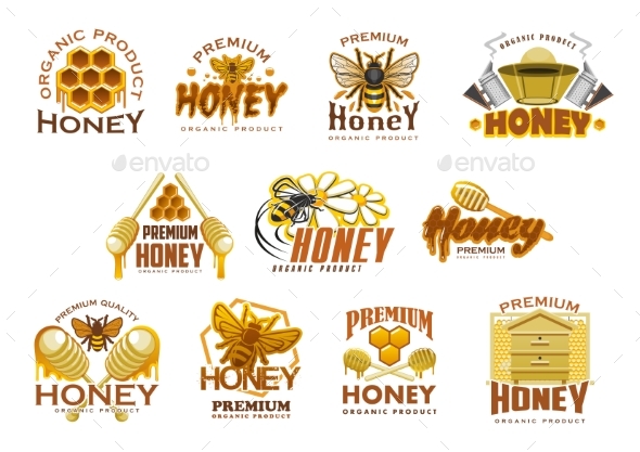 Honey Premium Sweet Food Icon with Bee and Comb - Industries Business