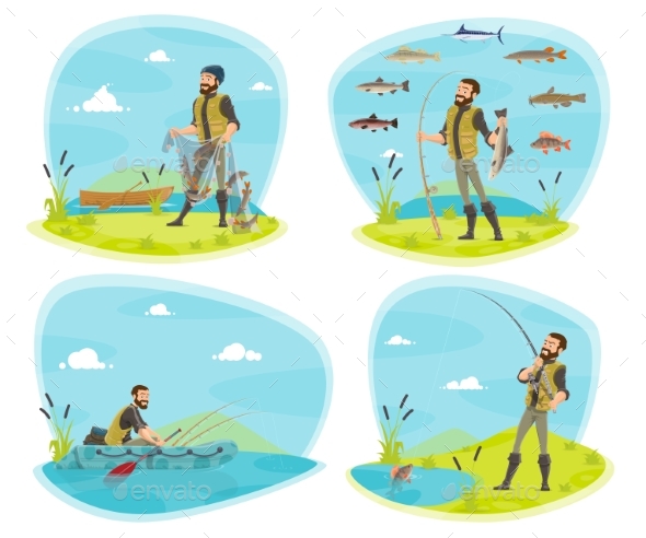 Fishing Sport Icon of Fisherman with Fish - Sports/Activity Conceptual