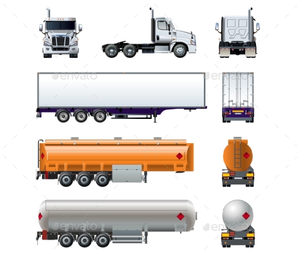 Vector Realistic Semi Truck Mockup Set Isolated - Man-made Objects Objects