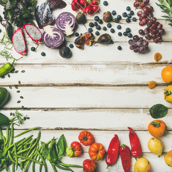 Flat-lay of fresh fruit, vegetables, greens and superfoods, square crop - Stock Photo - Images