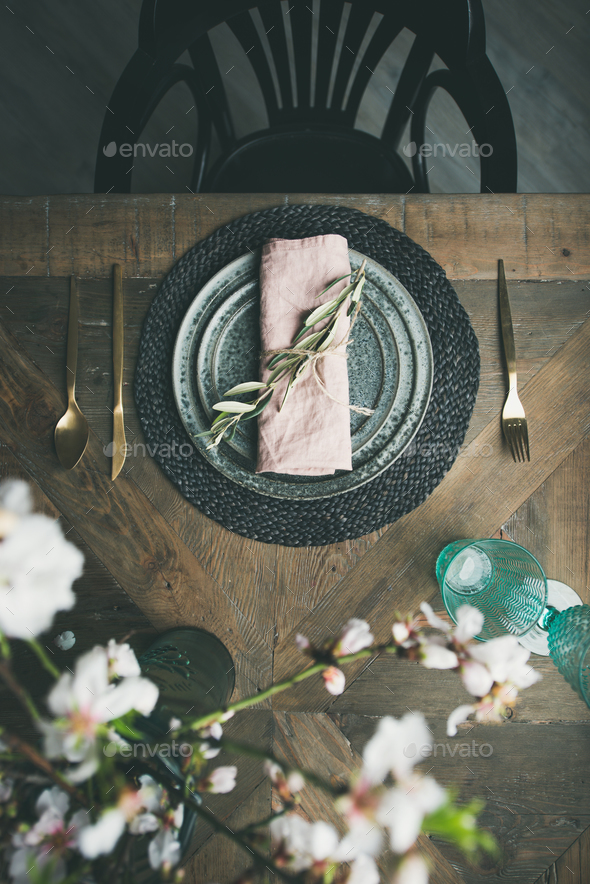 Flat-lay of Spring Easter Table setting with flowers - Stock Photo - Images