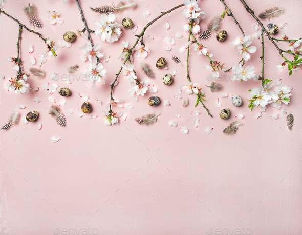 Easter background with eggs, almond flowers and feathers - Stock Photo - Images